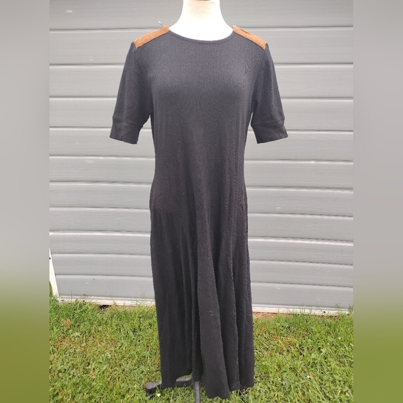 Lauren Ralph Lauren Black Fit & Flare Dress Camel Leather Shoulder Trim Large - Picture 1 of 10